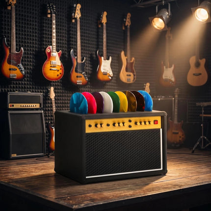Guitar Picks Holder Box, Pick Display Holder, Amp Speaker Styled Pick Holder and V-Shaped Guitar Pick Holder, Pick Storage Box Set for Guitar Players and Music Enthusiasts