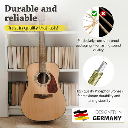 BELFORT® quality acoustic guitar strings - 6 string set - Premium coating with Phosphor Bronze (guitar strings acoustic 6 string set) BONUS: 4 Picks + 1 High E String - cuerdas para guitarra acustica