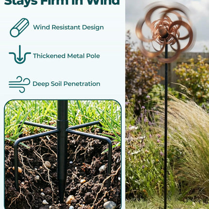 63" Metal Wind Spinner Outdoor, Double-Sided Kinetic Yard Spinner, Smooth Spinning Garden Decor, Stable 5-Prong Stake, Copper Yard Art for Lawn & Patio