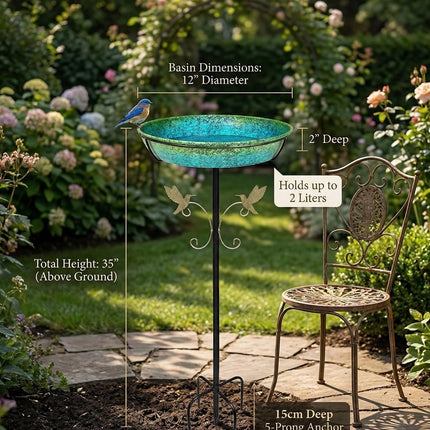 35" Metal Bird Bath for Outside Standing Metal Bird Bath Stake in Ground Iridescent Blue Green Birdbath with Scientifically Designed Color Lure for Birds 12" Detachable Bowl for Garden Patio Yard