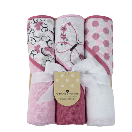 Buttons & Stitches Baby Girl 3 Pack Rolled/Carded Hooded Towels in Crisp Blossom Print (GS71728)