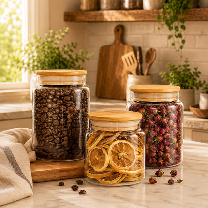 17 floz Small Glass Storage Containers with Lids,Candy Jar with Lid, Glass Food Storage Containers for Kitchen Counter, Pantry, Decorative Jar for Coffee, Sugar,Tea, Cute Jar(Bamboo 17 FL OZ)