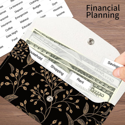 PU Leather Cash Envelopes Wallet, Reusable Money Savin Wallet, Cute Budget Envelope with 4 Dividers & 1 Sheets Budget Labels Black Botanical Pattern