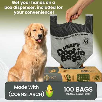 Heavy Dootie Bags with EZ Tie Handles. Clean and Convenient for Pet Dog Poop, Cat Litter. Multi-Use. Great for Swivel Bin and Scoopers. Made with Cornstarch. Strong, Leakproof and Very Large