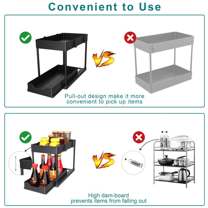 Under Sink Organizer 2 Pack, Bathroom Cabinet Organizer, 2 Tier Sliding Cabinet Basket Organizer Drawer, Multi-Purpose Bath Collection Baskets for Bathroom (Black)