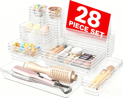 Clear 5-Size Drawer Organizer for Makeup, Bathroom, Desk and Tool Trays