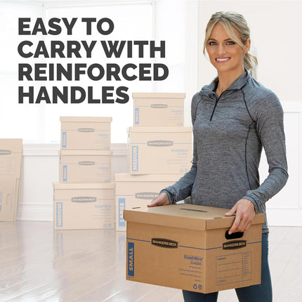 Bankers Box Small Classic Moving Box 10 Pack, Reinforced Handles, Tape-Free Assembly, Box with Lid, 15-In x 12-In x 10-In (7714901)