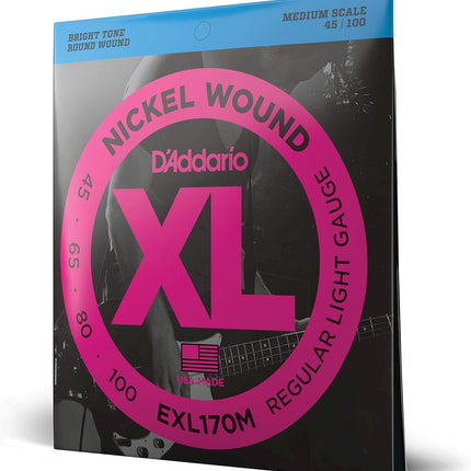 D'Addario Electric Bass Guitar Strings, XL Nickel, EXL170M, Regular Light Gauge 45-100, Medium Scale, 4-String Set, Pack of 1