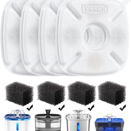 Veken Cat Water Fountain Filter, Classic 4 Pack Replacement Filters & 4 Pack Replacement Pre-Filter Sponges for 50oz, 84oz, 95oz or 108oz Automatic Pet Fountain Dog Water Dispenser
