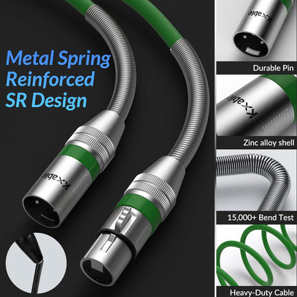 XLR Microphone Cable 1 FT, XLR Male to Female Balanced Mic Cable, 3-Pin Shielded Speaker Cord, Zinc Alloy Connectors, 22AWG Pure Copper, Metal Spring SR, Recording Studio, Podcast, Green
