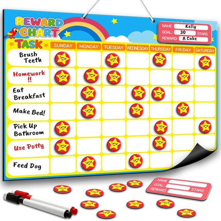 Magnetic Reward Chart for Kids, Customizable Weekly Chores Chart with 1 Name Sticker & 52 Magnetic Star Stickers, Dry Erase Behavior Chart for Kids Potty Training, Toddler Routine Daily Record