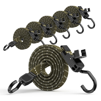 Bungee Cords with Hooks, 48 Inch Adjustable Flat Bungee Straps with Quick Release Buckle, Rubber Black Heavy Duty Elastic Cords with Metal Hooks for Bike Rack, Outdoor, Camping, Tarp, 6 Pack