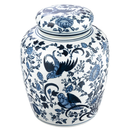 Small Decorative Ceramic Ginger Jar with Lid, Blue and White Floral Pattern