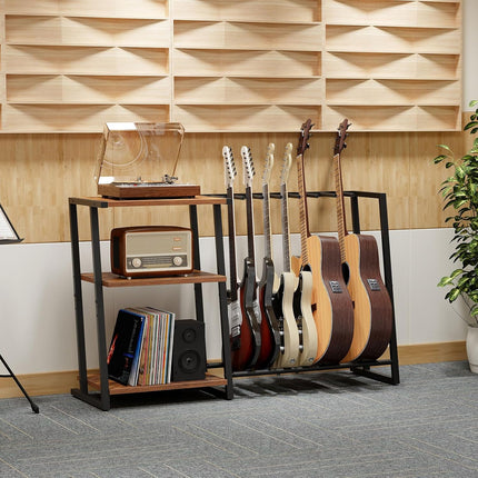 Guitar Stand, 3-Tier Guitar Rack with Adjustable Shelf for Record Player, Multi-Function Guitar Holder, Suitable for Acoustic, Electric, Bass, 5-6 Instruments, Rustic Brown and Black