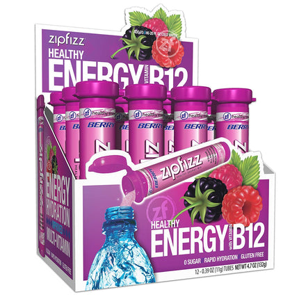 Zipfizz Daily Energy Drink Powder, Berry, 12 Pack | 3-in-1 Sustained Energy, Rapid Hydration, and Essential Vitamins | Sugar-Free | Electrolyte Powder | Contains Vitamin B-12 & Antioxidants