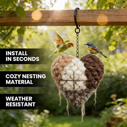 Handmade Fiber Bird Nesting Heart, Refillable Birds Haven 1 Heart Shape Hummingbird Nesting and 2 Bags of Nest Materials, Winter Fowl Gifts Animal Hummingbirds Lovers Home Garden Yard