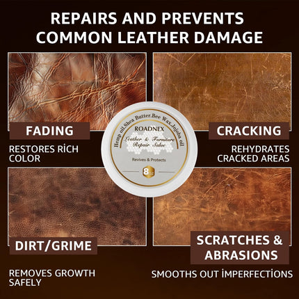Leather Repair Salve & Brush Set, Leather Cleaner and Conditioner for Furniture, Couch, Car Seats - Scratch Repair, Restore Color, UV Protection, for Leather, Vinyl & Wood - 8oz