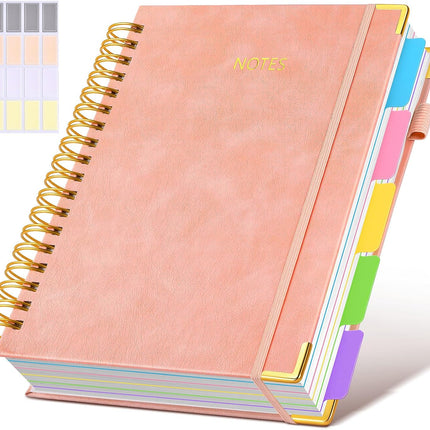 Hardcover Spiral Notebook Journal with Removable Dividers Tabs, 300 Pages Leather 5 Subject Notebook College Ruled, 8"x10" Large B5 Notebooks for Work School Note taking, Lined Journal for Women, Pink