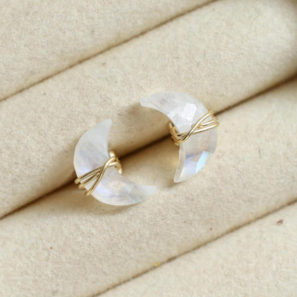 Gempires Gemstone Half Moon Stud Earrings for Women | Gold Wire Wrapped Push Back Studs | Minimal Celestial Jewelry | Handmade Everyday Gift Earrings | Citrine, Emerald, Amethyst & More Options