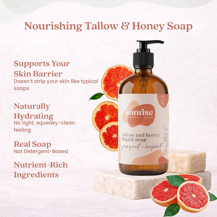 Tallow & Honey Liquid Soap – Grapefruit + Bergamot – Natural Face, Body & Hand Wash – Grass-Fed Beef Tallow Cleanser – Gentle Moisturizing Soap – 16 oz