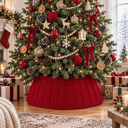 Christmas Tree Knitted Collar Skirt Red for Holiday Home Party Decoration