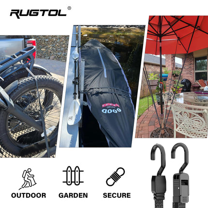 Bungee Cords with Hooks, 48 Inch Adjustable Flat Bungee Straps with Quick Release Buckle, Rubber Black Heavy Duty Elastic Cords with Metal Hooks for Bike Rack, Outdoor, Camping, Tarp, 6 Pack
