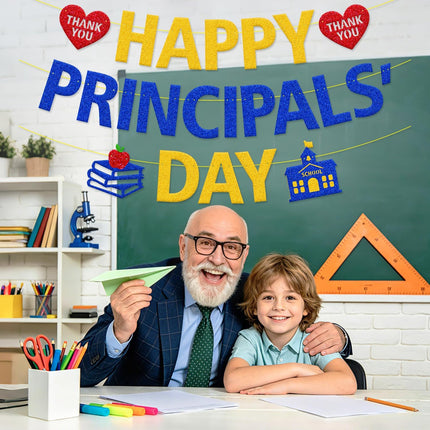 Happy Principals' Day Banner - We Appreciate You, School Principal Appreciation Decorations for Classroom, Hallway & Office Door, Blue Gold School Leadership Decor from Students, PTA & PTO