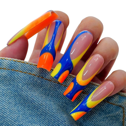 10PCS Colorful Swirl Press On Nails – Long Coffin Fake Nails with Blue, Orange & Yellow Abstract Design, Glossy Reusable Y2K Nails for Women and Girls – Euphrosyne