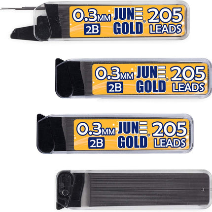 June Gold 820 Pieces, 0.3 mm 2B Lead Refills, 205 Pieces Per Dispenser, Extra Fine Thickness, Break Resistant Lead/Graphite (Pack of 4 Dispensers)