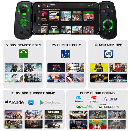 arVin Mobile Gaming Controller for iPhone Android with Phone CASE Support & Green Light, Wireless Gamepad for iPhone/iPad/Samsung/Tablet/Switch/PS4/PC, Play Xbox Cloud Gaming/PS Remote Play/Steam Link