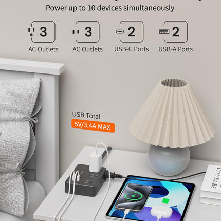 DEPOW Surge Protector Power Strip, 3 FT Extension Cord with 6 AC Outlets 4 USB Ports,1050J Surge Protection, Wall Mountable Charging Station for Office, Home, Black