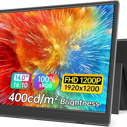 MNN Portable Monitor 14 inch FHD 1920 * 1200P USB C HDMI Ultra-Slim IPS Travel Display w/Speakers, HDR Plug&Play, External Monitor for Laptop PC, Phone,Mac(400cd/m² Brightness)