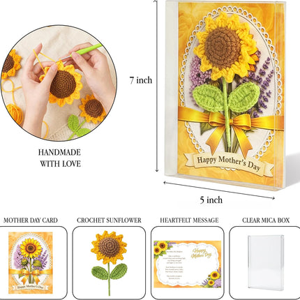 Mothers Day Card Sunflower Crochet Handmade Knitted, Sunflower Mothers Day Gift, Happy Mother Card for Mom Grandma Sister Wife Aunt Friend from Daughter Dad Son, 5x7 Inch with Plastic Box Included
