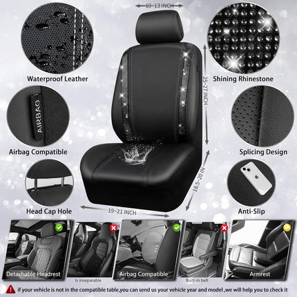 CAR PASS Leather Bling Diamond Car Seat Covers Full Set, Shining Rhinestone Waterproof Durable Rear with Zipper, Universal Fit Automotive Glitter Crystal Sparkle Strip for Cute Women Girly Black