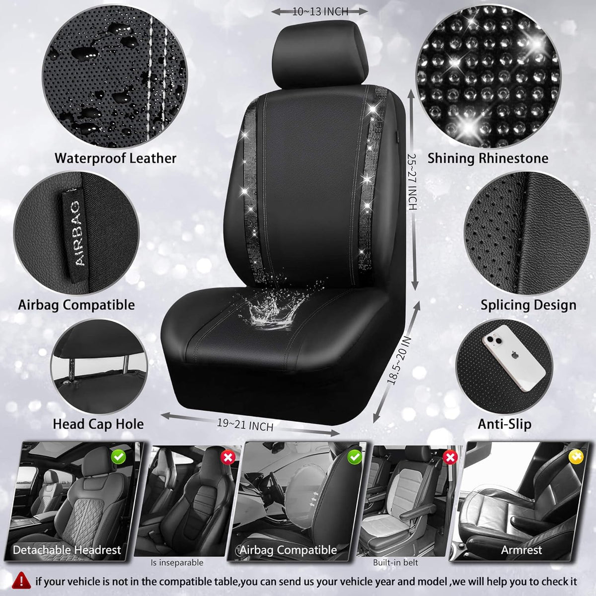 Leather Bling Diamond Car Seat Covers Full Set - Black Universal Fit - photo 3
