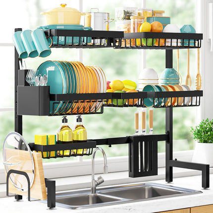 Over The Sink Dish Drying Rack - Adjustable 2 Tier Large Capacity Stainless Steel Drainer with Cutlery & Utensil Holders, Kitchen Storage & Organization, 30"-33.9" L x 11" W x 21.5" H, Black
