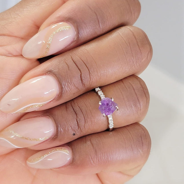 Raw Crystal Dainty Ring, White Gold Birthstone Gift