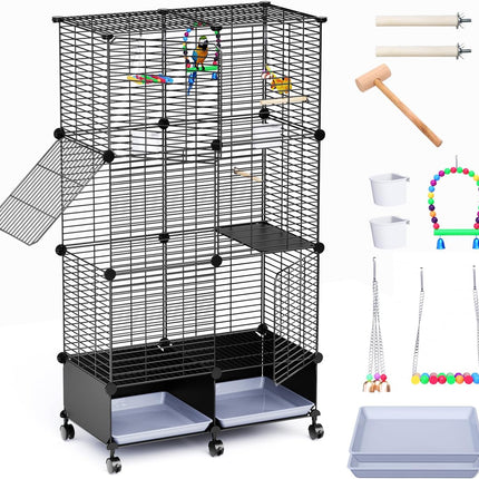 Flight Bird Cage with Wheels, 46-Inch Metal Parakeet Cage with Slide-Out Trays, Perches, Bowls & Bird Toys, Indoor Bird Cage for Cockatiel, Budgie, Lovebird, Finch & Small Birds
