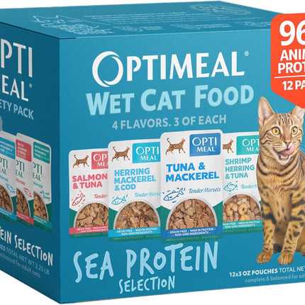 Optimeal Wet Cat Food Variety Pack - Sea Protein Selection, Grain Free Tender Morsels, High Protein Premium Nutrition Made with Natural European Ingredients, Adult Cat Pouches 3oz (Pack of 12)