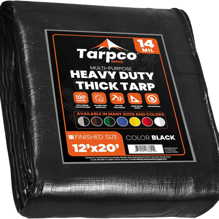 Tarpco Safety Extra Heavy Duty 14 Mil Tarp Cover, Waterproof, UV Resistant, Rip and Tear Proof, Poly Tarpaulin with Reinforced Edges for Roof, Camping, Patio, Pool, Boat (Black 12′ X 20′)