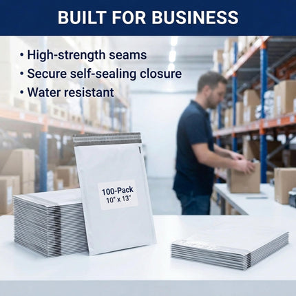 Shipping Bags 10" x 13" (100-Pack) White - Heavy Duty Self-Adhesive Envelope Poly Mailers for Packing, Secure Shipping, & Small Business Mailing