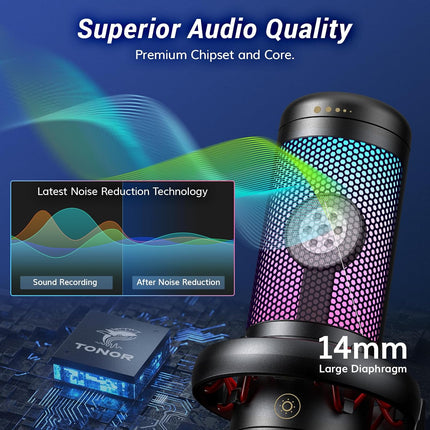 TONOR Gaming Microphone Set with Boom Arm, Vocal Condenser Microphone for PC with Stand, USB Mic with controllable RGB Light, One Tap Mute, Volume Control, for Discord, Twitch Streaming, TC310+