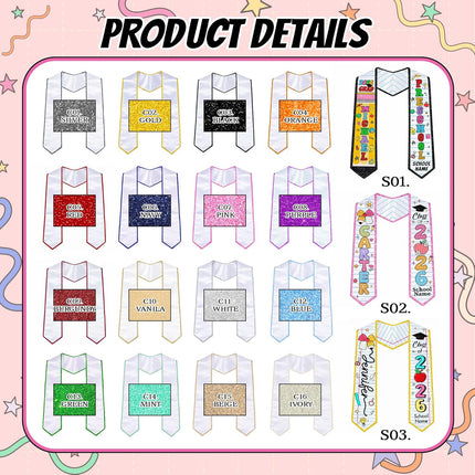 Personalized Kids Graduation Stole 2026 with Name & School – Custom Preschool Kindergarten Grad Sash, 3 Fun Styles, 16 Glitter Edge Colors, Class of 2026 Stole for Pre-K Elementary Boys Girls