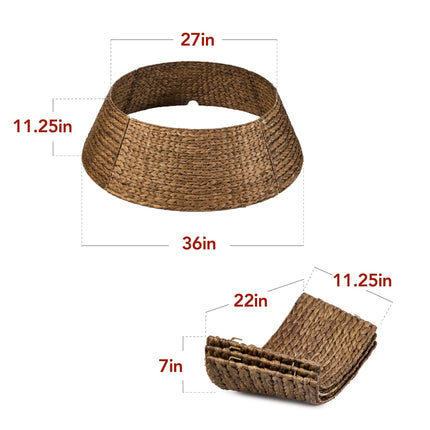 36in Christmas Tree Collar, Woven Hyacinth 3-Piece Holiday Rattan Tree Skirt Accessory for Home w/Cord Cut-Out - Chestnut