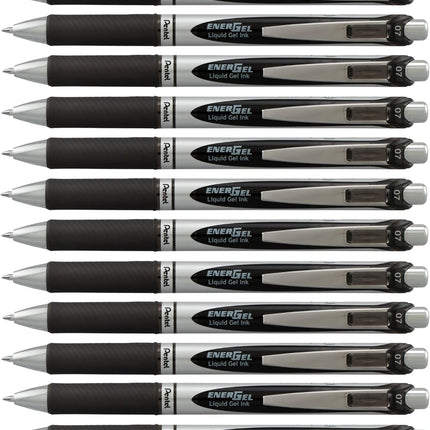 Pentel EnerGel RTX Retractable Liquid Gel Pen, (0.7mm) Medium Line, Metal Tip, Black Ink, Box of 12 (BL77-A)