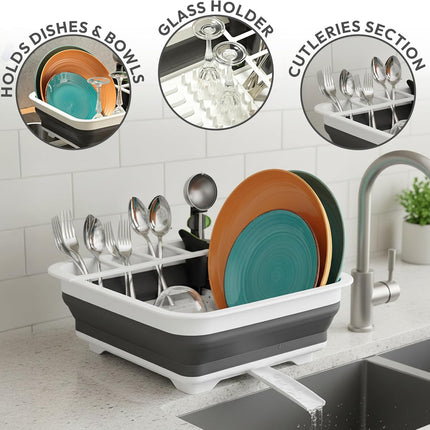 Pop-Up Collapsible Dish Drying Rack with Cutlery Compartment, Gray