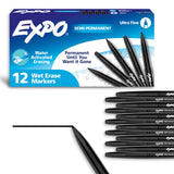 Wet Erase Markers, Semi-Permanent, Black, Ultra Fine Tip, 12 Count - For Writing on Glass, Whiteboards, Mirrors, Calendar, Labeling, Organizing