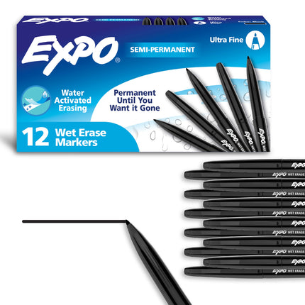 Wet Erase Markers, Semi-Permanent, Black, Ultra Fine Tip, 12 Count - For Writing on Glass, Whiteboards, Mirrors, Calendar, Labeling, Organizing