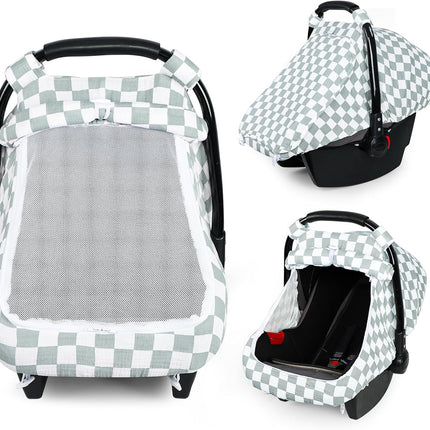 DILIMI Car Seat Covers for Babies, Muslin Cotton Baby Car Seat Cover with Breathable Mesh Window, Summer Infant Car Seat Canopy for Boys Girls Newborn, Green Plaid