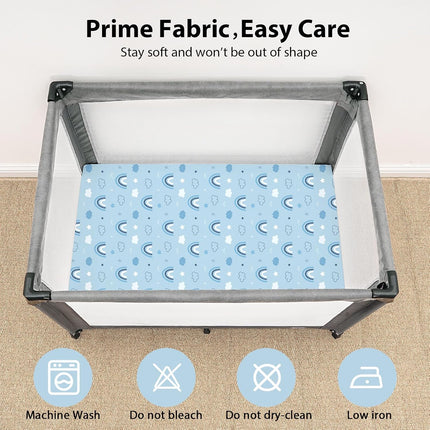Baby Mini Crib Sheets Boy, Portable 38”x26” Pack and Play Sheets Fitted for Playard and Pack N Play Mattress, 3-Pack Soft Microfiber Blue Cloud Animals